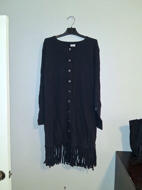 Women's Black Fringe Button-Front Cardigan Sweater